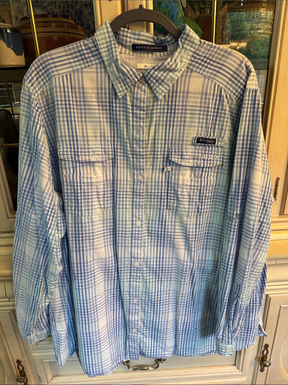 Columbia Super Bonehead Light Blue and White Plaid Long-Sleeve Button-Down Shirt
